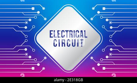 Metallic Electronic Tree Shape with Rounded Square Element in Colorful Background. Abstract Electrical Circuit Vector Illustration. Purple Pink Blue Stock Vector