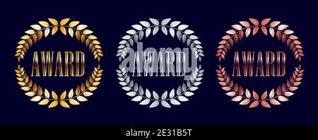 Golden, silver and bronze Award Laurel Wreath isolated on dark background . Winner Leaf label, Symbol of Victory.  Illustration Stock Photo