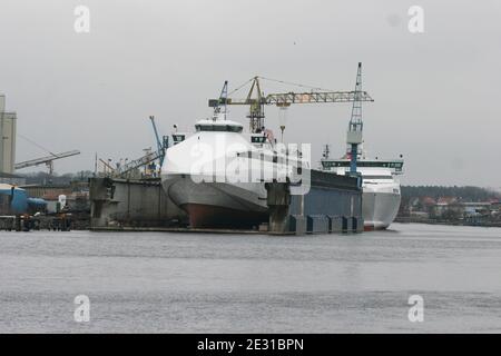 FERRY IN DOCK at shipyard at Falkenberg Halland Stock Photo