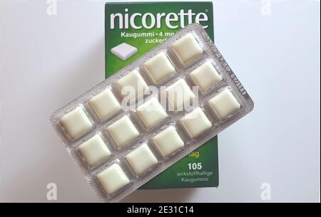 Nicorette Nicotine chewing gums as a substitute for cigarettes Stock Photo