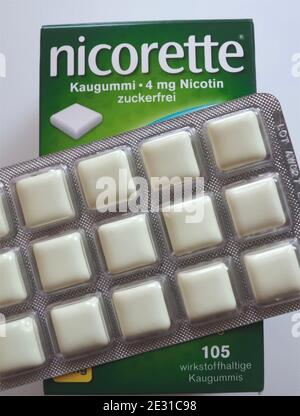 Nicorette Nicotine chewing gums as a substitute for cigarettes Stock Photo