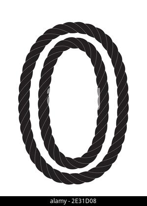 Black and white number zero made from rope Isolated on white background.  Illustration . Stock Photo