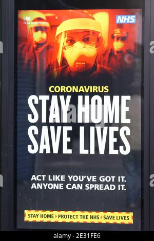 London, UK. 09th Jan, 2021. The Government's 'Stay Home, Save Lives' Covid-19 publicity campaign poster in London seen displayed, as the number of cases of the mutated variant of the SARS-Cov-2 virus continues to spread around the country. Credit: SOPA Images Limited/Alamy Live News Stock Photo