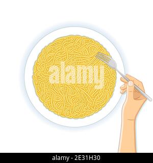 Top view of fresh delicious plate of asian ramen noodles and hand with fork on white background. Vector illustration. Stock Vector