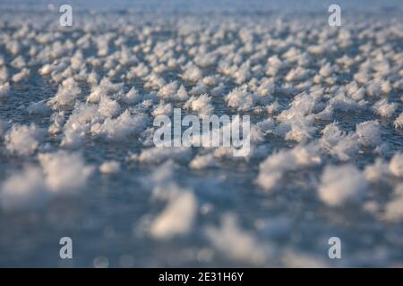 Feather-like ice formations on frozen sea Stock Photo