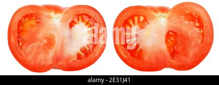 Closeup two half ripe red tomatoes isolated on white Stock Photo
