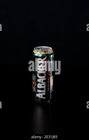 Albacher beer can isolated on black background. Bucharest, Romania ...