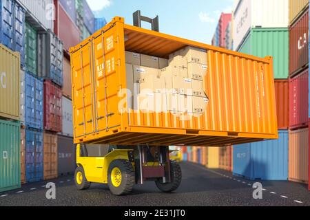 Cargo, shipment, delivery, logistics and freight transportation service. Cross section of  container with cardboard boxes loading by forklift in wareh Stock Photo