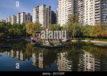 Mei Foo, Hong Kong - 21 Dec 2020: Lingnan Garden - a Chinese-style architecture park next to Mei Foo Sun Chuen Stock Photo