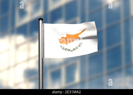 3d render of an flag of Cyprus, in front of an blurry background, with a steel flagpole Stock Photo