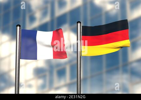 3d render of an flag of France and Germany, in front of an blurry background, with a steel flagpole Stock Photo