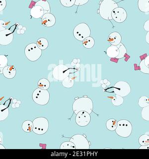 playful snowmen seamless vector repeat pattern design on orange background Stock Vector