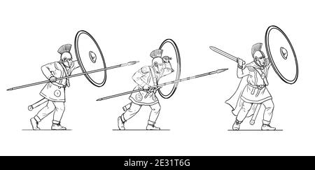 Late roman soldiers during the battle. Attack of the Roman army. Set of 3 warriors. Outline drawing. Stock Photo