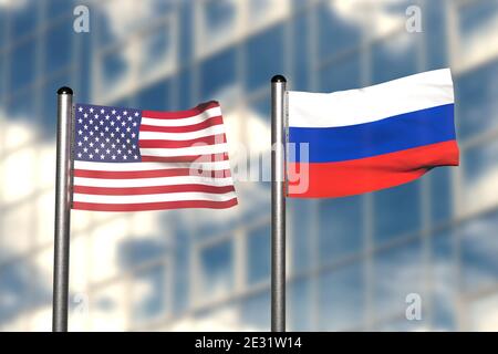 3d render of an flag of USA and Russia, in front of an blurry background, with a steel flagpole Stock Photo