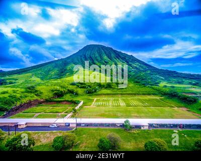 Honolulu , Oahu,  Hawaii, USA - September 23, 2015:  Sandy Beach Park,  including Halona Blow Hole and Koko Head crater, is a beautiful location for s Stock Photo