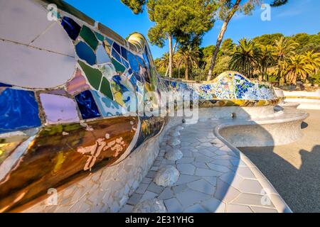 Tiled serpentine bench, Park Guell, Barcelona, Catalonia, Spain Stock Photo