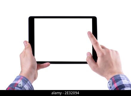 Man hands holding black tablet, isolated on white background! Stock Photo
