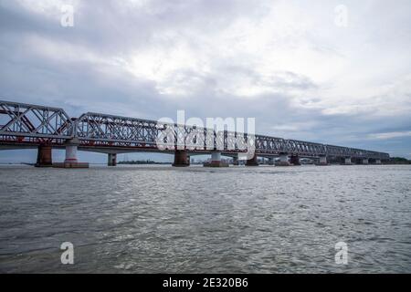 Syed Nazrul Islam Bridge and Bhairab rail way bridges over the Meghna River, Bangladesh. Stock Photo