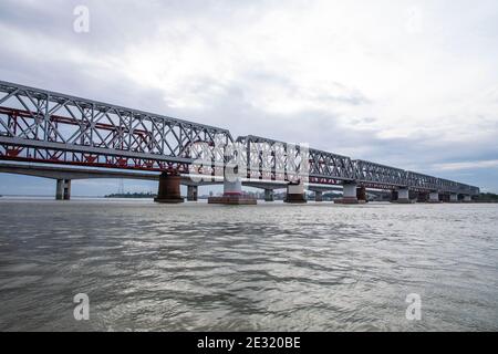 Syed Nazrul Islam Bridge and Bhairab rail way bridges over the Meghna River, Bangladesh. Stock Photo