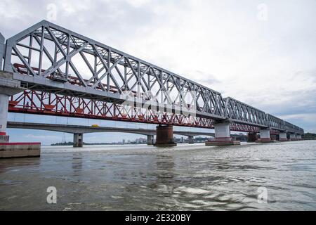 Syed Nazrul Islam Bridge and Bhairab rail way bridges over the Meghna River, Bangladesh. Stock Photo