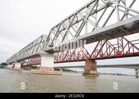 Syed Nazrul Islam Bridge and Bhairab rail way bridges over the Meghna River, Bangladesh. Stock Photo