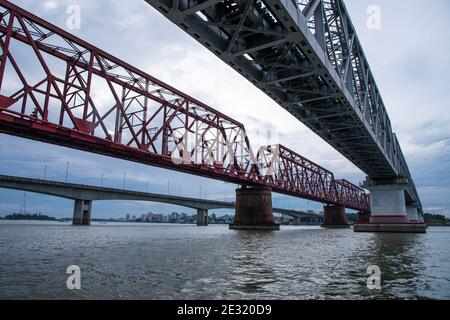 Syed Nazrul Islam Bridge and Bhairab rail way bridges over the Meghna River, Bangladesh. Stock Photo