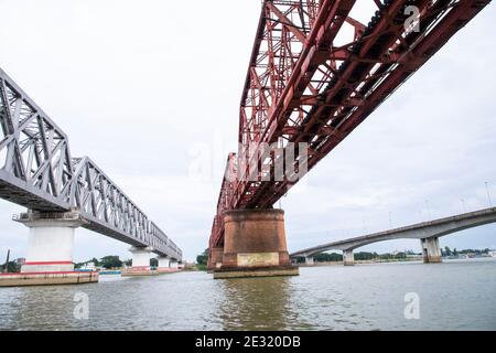 Syed Nazrul Islam Bridge and Bhairab rail way bridges over the Meghna River, Bangladesh. Stock Photo