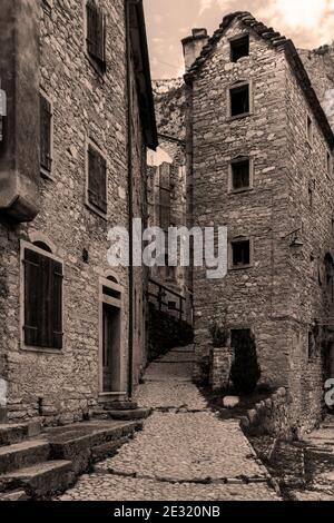 View of the old village of Erto located above the Vajont dam.This village was badly damaged by the Vajont dam disaster Stock Photo