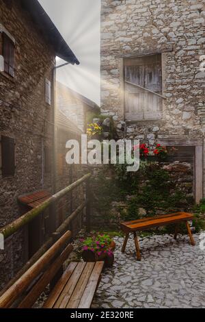 View of the old village of Erto located above the Vajont dam.This village was badly damaged by the Vajont dam disaster Stock Photo