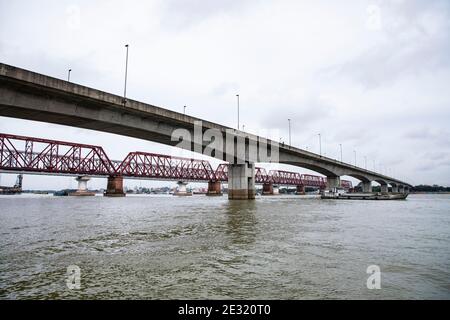 Syed Nazrul Islam Bridge and Bhairab rail way bridges over the Meghna River, Bangladesh. Stock Photo