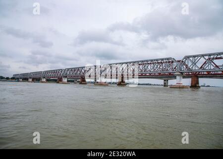 Syed Nazrul Islam Bridge and Bhairab rail way bridges over the Meghna River, Bangladesh. Stock Photo