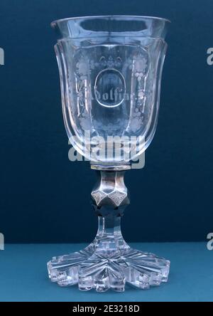 German Gothic goblet heavy cut with fine engraving , Adolfine name on the cartouche silver mount on the stem c)1870 Stock Photo