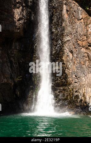 Lower part of the Vazra Sakla Waterfall splashing over rocks into a pool at Virdi, Karnataka, India Stock Photo