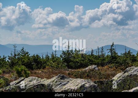 Rocky ridge on horizon under blue cloudy sky. Mountain valley for travel. Adventure travel, tourism and conservation concept. Stock Photo