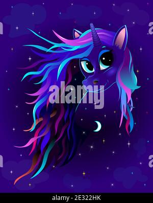 A unicorn with a multicolored mane against a dark sky with shining stars. Stock Vector