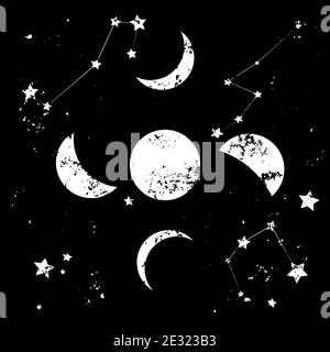 Moon phases and constellation stars. Set of vintage hand drawn shiny cosmic objects on dark background. Universe objects retro textured print. Stock Vector