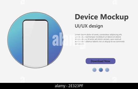 Smartphone blank screen, phone mockup with blue circle. Device model. Modern template for infographics or presentation UI UX design interface. Vector Stock Vector