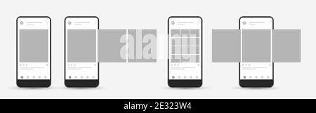 Smartphone mock up with carousel interface post on social network. Social media mobile app page template. Design of the tape profile. Vector Stock Vector