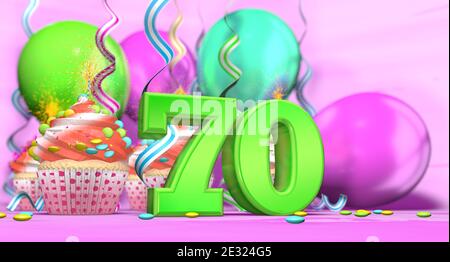 Birthday cupcake with sparking candle with the number 70 large in green with cupcakes with red cream decorated with chocolate chips and balloons on th Stock Photo