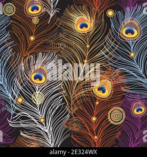 Seamless bright pattern of different golden peacock feathers on a dark background. Example of a gold feather pattern for a website or fabric Stock Vector