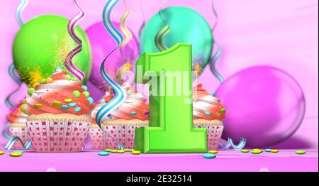 Birthday cupcake with sparking candle with the number 1 large in green with cupcakes with red cream decorated with chocolate chips and balloons on the Stock Photo