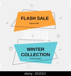 Set of trendy banner with flat colour and shape. Design label element with geometric shape for discount sale.Vivid background template with title text Stock Vector