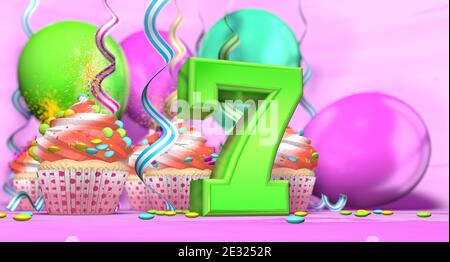 Birthday cupcake with sparking candle with the number 7 large in green with cupcakes with red cream decorated with chocolate chips and balloons on the Stock Photo