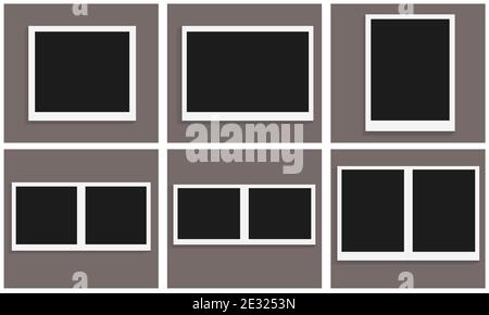 Set of empty photo frames mock up with shadow. Template isolated on transparent background. Instant photo frame for social net, film, memory. Vector Stock Vector