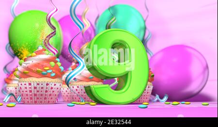 Birthday cupcake with sparking candle with the number 9 large in green with cupcakes with red cream decorated with chocolate chips and balloons on the Stock Photo