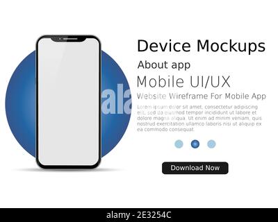 Smartphone blank screen, phone mockup with blue circle. Device model. Modern template for infographics or presentation UI design interface. Vector Stock Vector