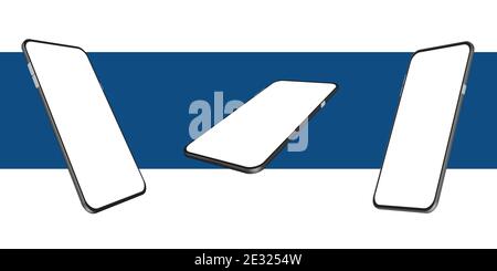 Smartphone mockup in rotated position. Mobile from different angles with blank screen. Template for presentation 3D realistic device. Vector Stock Vector