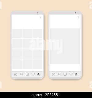 Mock up phone for social media network. Modern application with photos tile template. User profile, post, buttons, frame for photo. Isolated vector Stock Vector