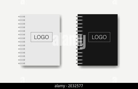 Paper notepad with white and black sheets. Office equipment. Realistic spiral notebook with shadow and space for logo. Empty open blank on background. Stock Vector