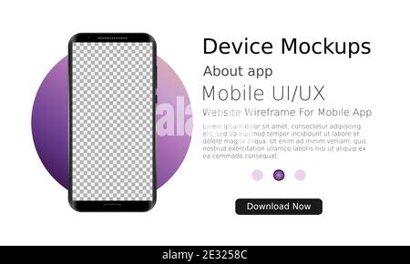 Smartphone blank screen, phone mockup with purple circle. Modern template for infographics or presentation UI design interface. Vector illustration Stock Vector